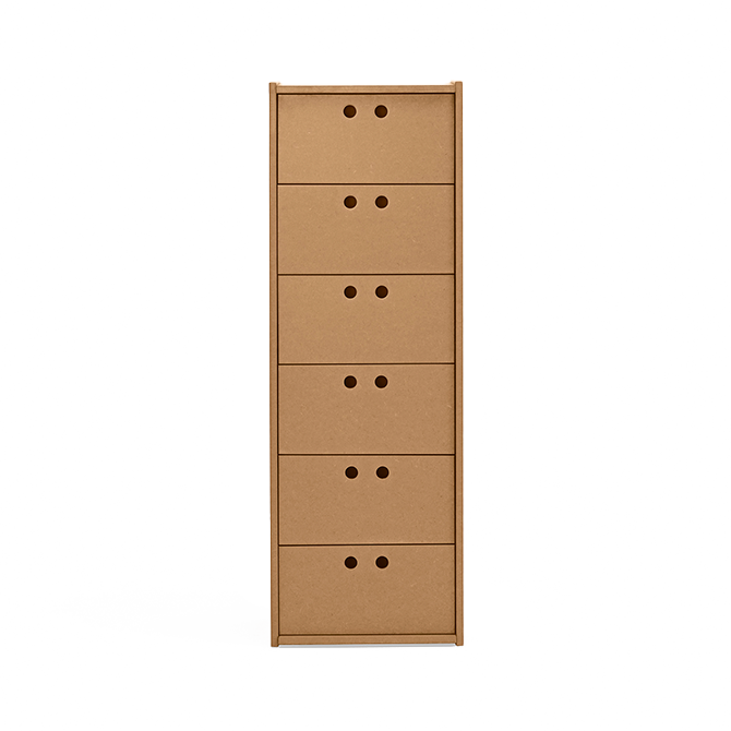 Cajonera alta con acabado madera natural y tiradores circulares.
